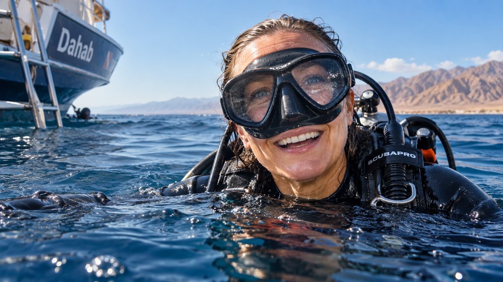 Scuba diver in Dahab waters with dive boat